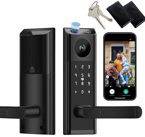 Video Smart Door Lock with Doorbell, Touchscreen, Video Calling, Remote Control via App, Fingerprint, Password, Key, IC Card, Keyless Fingerprint Door Lock with Camera, Suitable for Front Door, Black