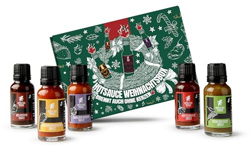 Mexican Tears Hot Sauce Weihnachtsbox - Brennt auch ohne Kerzen - Scharfe Soßen Mini-Probierbox – Geschenkidee für Männer & Frauen zu Weihnachten - Vegan & natürlich [5 x 20 ml]