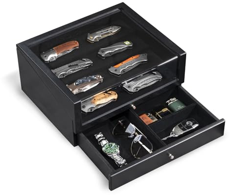 Emfogo Knife Display Case for Pocket Knife Collections, 4 Tier Knife Case Storage Box for Folding Knives, Solid Wooden Knife Organizer with Glass Lid Drawer, Gift for Men (Black)
