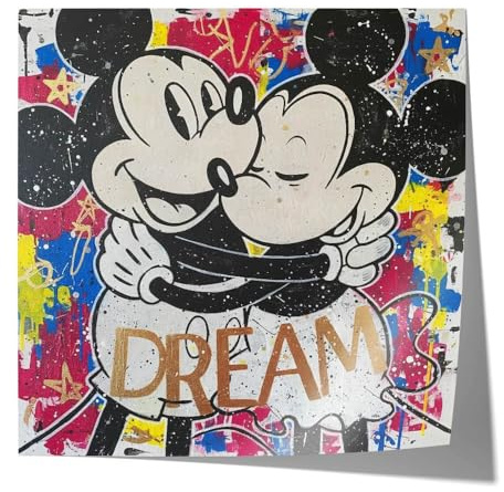 Mickey Mouse Minnie Mouse Poster, Pop Art Leinwand Bild, Comic Wandbild, Mixed Media Kunstdruck quadratisch, moderne Kunst fürs Wohnzimmer Schlafzimmer