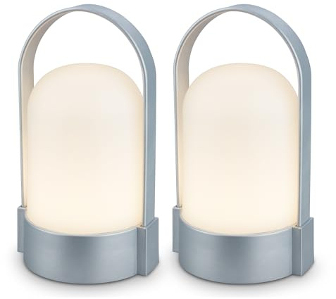 BRILONER - 2er-Set LED Tischlampen kabellos IP44 mit Touch, dimmbar in Stufen, Akku tauschbar, Nachttischlampe, LED Lampe, Campinglampe, Tischleuchte, Akku Lampe, Outdoor, 8,5x8x15,5 cm, Chrom matt
