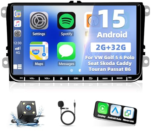 2 DIN Autoradio Für VW Golf 5 6 Polo Seat Skoda Caddy Touran Passat B6 mit Carplay Android Auto Doppel Din Radio 9 Zoll Touchscreen mit GPS Navi WiFi Bluetooth RDS FM Radio SWC Mikrofon Rückfahrkamera
