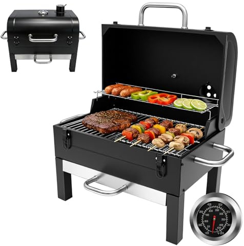 kisidus Holzkohlegrill mit Deckel und Thermometer, Grillrost 48 x 32 cm | Tragbarer Tischgrill mit Ascheschale, bbq grill für Outdoor Camping Picknick