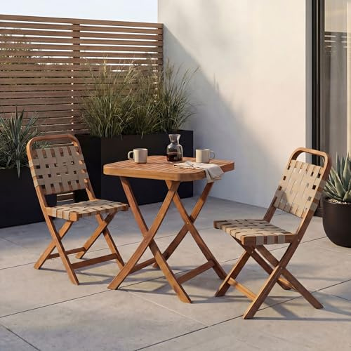 Mendler Garten-Set HWC-P70 Seilgeflecht Akazie Holz klappbar - Natur, Creme | Sitzgruppe, Balkon-Set, Garnitur, 2x Stuhl, Tisch
