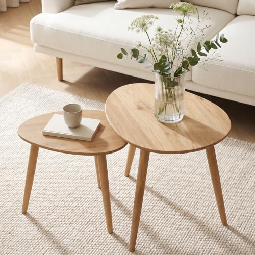 skølm Lodur Couchtisch oval 2er-Set, Eichenholz, Natur geölt, 3 Tischbeine | Beistelltisch, stabiler Holztisch, kleiner Coffee Table, Sofatisch fürs Wohnzimmer, pflegeleicht, Wohnzimmertisch, Satztisch