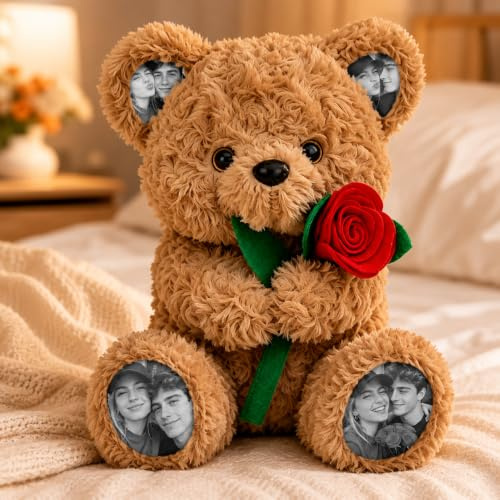 VEELU Peluche Ours Personnalisée avec Photo Teddy Bear en Peluche avec Rose | Ours en Peluche Coussin de Nounours Personnalisable pour Femme Couple Idée Cadeau Anniversaire Mariage Saint-Valentin