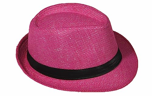 Strohhut Panama Fedora Trilby Gangster Hut Sonnenhut mit Stoffband Farbe:-Pink (Strohhut) Gr:-56