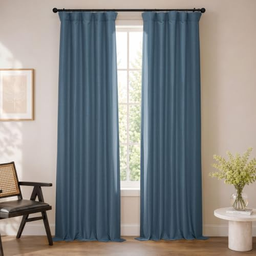 HPD Half Price Drapes Bellino Textured Faux Linen Room Darkening Curtains 108 Inches Long (1 Panel), Curtains for Bedroom & Living Room, 50W x 108L, Wild Blue