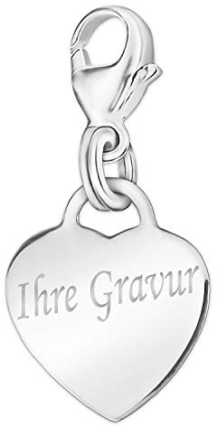 CLEVER SCHMUCK Herzketten Anhänger mit Gravur Silber26 mm glänzend mit Bügelschlaufe an Karabiner STERLING SILBER 925 Herzplatte personalisiert