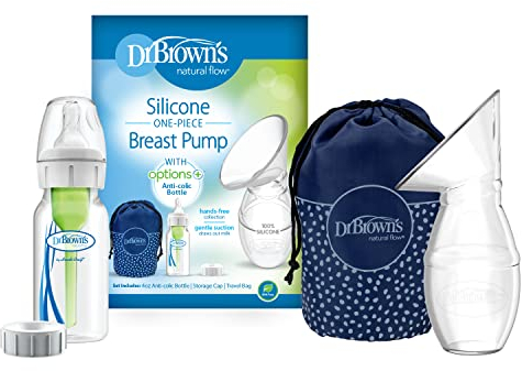 Dr. Brown's 100% Silicone One-Piece Breast Pump,Hands-Free Breast Milk Collector with Anti-Colic Options+ Baby Bottle (4 oz/120 mL),Level 1 Nipple,Travel Lid and Travel Bag