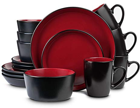 Stone Lain Albie Stoneware 16-Piece Modern Dinnerware Set, Kitchen Plates and Bowls Sets, Dish Set for 4, Red and Black