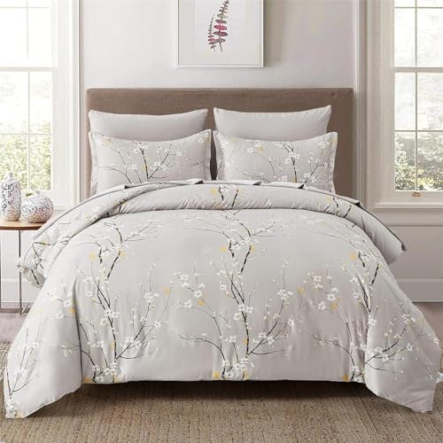 king Size Grey Plum Flower Printed Duvet Cover Set bedding Set 3 pcs Soft Microfiber Botanical Branch Duvet Cover with 2 Pillowcases and Zipper Closure 220 x 230cm