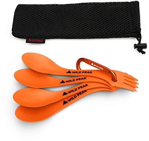 Wild Peak Contour Clip Plastic Spork - Lightweight & Strong All in one Spoon, Fork, Knife Cutlery Includes Carabiner Clip & Storage Bag ▲ (Sunset Orange, 4 Pack)