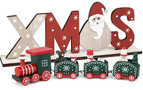BHGT Mini Tren de Madera + Adornos Navideños Mesa Xmas Decoración Navidad Hogar Mesa Ornamento Navidad Fiesta Regalo Verde