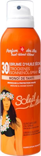 Soleil des Îles | Brume Solaire d'huile Sèche au Monoï de Tahiti SPF30 - Protection UVA/UVB touché sec - Sans Paraben Résiste à l'Eau - Parfum des Îles - Fabriqué en France -