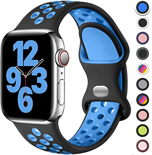 Upeak Sport Bracelet Compatible avec Bracelet Apple Watch 44mm 45mm 46mm 42mm 49mm, Sangle à Boucle Double Trou en Silicone Respirant, pour iWatch Series 10 9 8 7 6 5 4 3 2 1 SE Ultra, S, Noir/Bleu