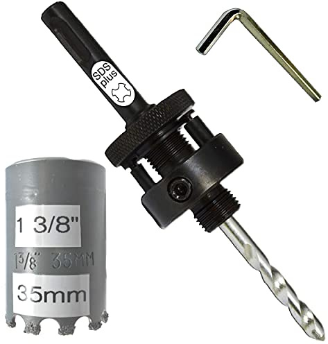 35mm Carbide Hole Saw Bit 1 3/8 in with SDS Plus End Arbor with Replaceable TCT Pilot Drill For Drilling Concrete Brick Pavers Plaster Backerboard Gyproc Slate Concrete Blocks Cement Board and Masonry