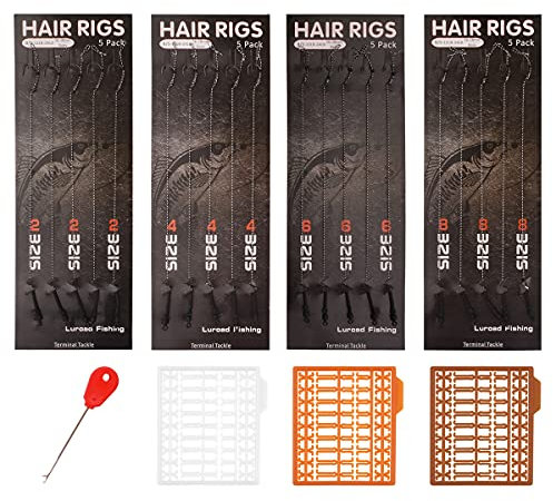 Luroad Carp Fishing Hair Rigs, 20 Pz Curvo Barbless Carp Hook Anti-Tangle Girevole Filo Intrecciato Filo con 3 Card Boilie Bait Stop Dumbell Tappi e Stringer Ago, Dimensione 2 4 6 8