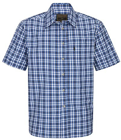 WALKER AND HAWKES - Men's Checkered Blue and Red 100% Cotton Short Sleeve Canterbury Country Shirt with Pocket Classic-Fit - Navy - X-Large (44'')