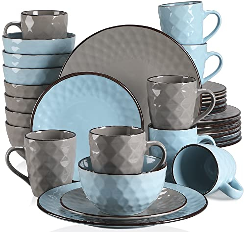 vancasso Serie Gem Juego de Vajilla 32 Piezas, Vajilla de Cerámica para 8 Personas Diseño en Relieve Vajilla Completa con 8 Tazas, 8 Cuencos, 8 Platos Llano y 8 Platos de Postre, Azul y Gris