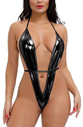 ROSAA Body aus Lackleder, sexy Dessous für Damen, Babydoll Teddy, tiefer V-Ausschnitt, Nachtwäsche, PVC-Overall, Unterwäsche, Badeanzug Bikini Halter für Clubwear, Schwarz , Einheitsgröße