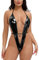 ROSAA Body aus Lackleder, sexy Dessous für Damen, Babydoll Teddy, tiefer V-Ausschnitt, Nachtwäsche, PVC-Overall, Unterwäsche, Badeanzug Bikini Halter für Clubwear, Schwarz , Einheitsgröße