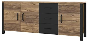 Furniture24 Sideboard OLIN 47 Kommode 192 cm breit mit 3 Türen 3 Schubladen Appenzeller Fichte/Schwarz matt