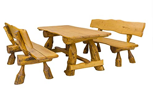Aresso Gartenmöbel-Set „Massiv“ aus Akazienholz, Gartengarnitur 1 x Tisch + 2 x Sitzbänke mit Rückenlehne, belastbar bis zu 800 kg (Tisch) und 600 kg (Holzbank), vollständig montiert