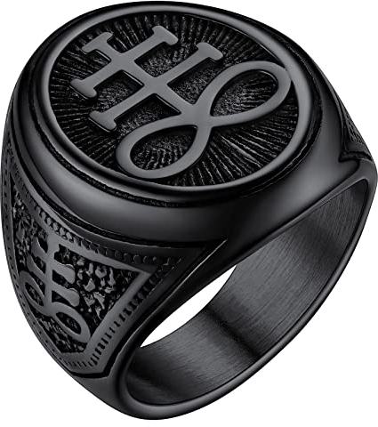FaithHeart Schwarz Pentagramm Ring für Herren Männer Satanic Leviathan Bandring Satanic Luzifer Fingerring Punk Biker Bandring mit Geschenkebox für Paar Pärchen