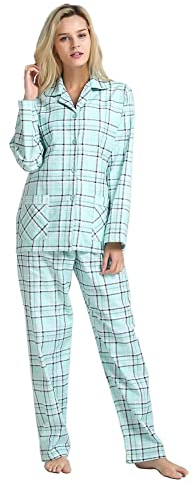 Global - Pigiama da donna, 100% flanella di cotone, con bottoni frontali, pantaloni con coulisse, Coperta verde, L