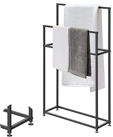 Piantana Porta Asciugamani da Terra, Porta Asciugamani da Terra in Metallo, Piantana da Bagno a 2 Bracci Porta Salviette, Portasalviette Bagno da Terra Ferro Battuto, Nero, 110cm
