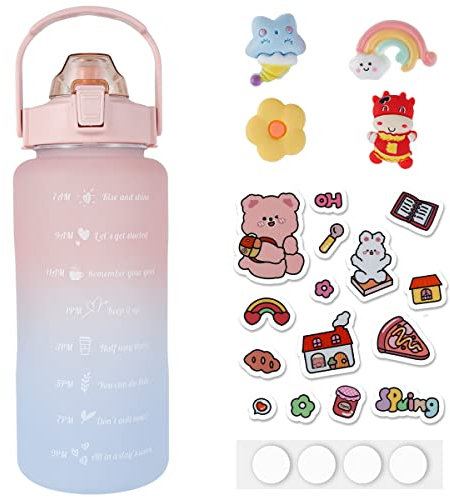 Jamie 2 Litre Motivational Water Bottle with Time Markings Large Capacity Water Jug Portable Sport Drinking Bottle with Straw and Handle BPA Free Drink Mug for Travel Outdoor Home Office(Pink)