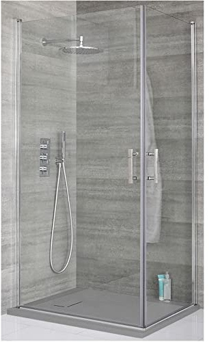 MILANO Chrome Corner Hinged Door Shower Enclosure Grey Tray 900 x 900mm