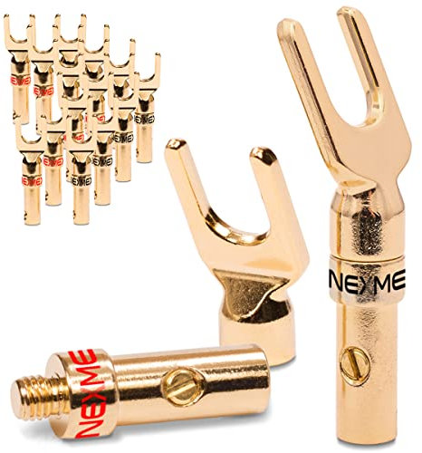 NEXMEX Kabelschuhe Gabelschuhe - 16 Stück Stecker als Set - Y-Anschluss Steckverbinder 24K vergoldet für Lautsprecherkabel - für HiFi Receiver Verstärker
