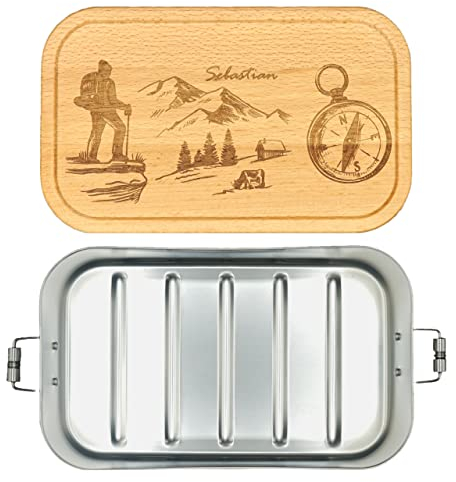 Thiger Brotdose zum Wandern - Edelstahl Brotbox mit Holzdeckel - Personalisiertes Geschenk - Lunchbox für Wanderer - Edelstahl Trinkflasche (1100 ml ohne Trennwand)
