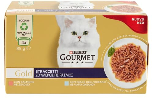 Gourmet Purina Gold Straccetti Cibo Umido per Gatti con Pesce dell'Oceaano e Salmone, 4 lattine da 85 g