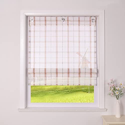 CORLIF Raffrollo ohne Bohren mit Ösen Transparente Raffgardinen Kariert Ösenrollo Landhaus Rollos Küche mit Karo Muster Kurze Fenster Gardine Plaid B/H 60/140 cm,Rot