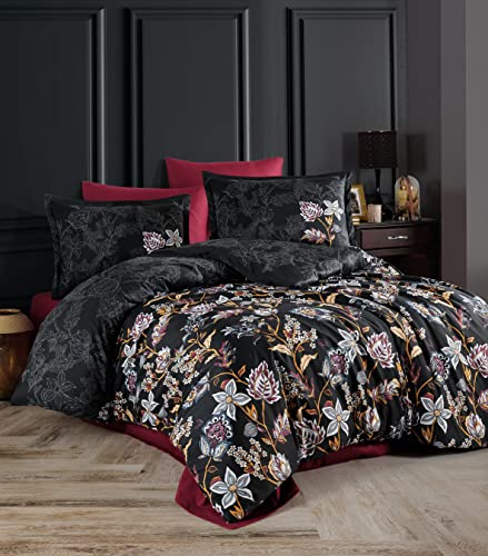 ZIRVEHOME Satin Bettwäsche 240x220 cm. 5 teilig Set. schwarz, 100% Baumwollsatin, Wende bettbezug bunt geblümt Kissenbezug Vilya V1