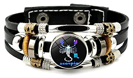 Leuchtendes Lederarmband Mit 12 Sternbildern – Zwölf Sternzeichen,Mehrschichtiges Web-Punk-Armband,Waage,Skorpion,Jungfrau,Löwe,Knopf-Zeit-Edelstein-Armband Für Männer Und Frauen,Skorpion,Einheit