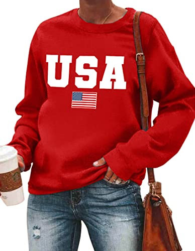 Damen-Sweatshirt mit amerikanischer Flagge, patriotisches T-Shirt, Sterne, Streifen, Pullover, 4. Juli, T-Shirt, Rot/Ausflug, einfarbig (Getaway Solids), XL