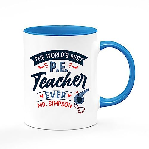 Getagift P.E. Teacher Gift, Personalised The Worlds Best P.E. Teacher, Inside Coloured Coffee, Tea Mug. (Blue)