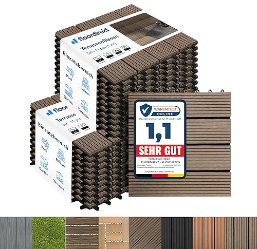 Floordirekt WPC Fliesen 30x30 cm, 2m² = 22 Terrassenfliesen, Klickfliesen, Balkonfliesen in Holzoptik - Bodenbelag für Balkon & Terrasse - wetterfest mit Drainagefunktion | Dunkelbraun | Royal