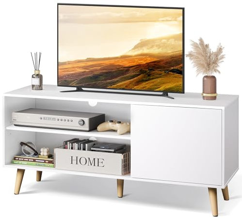 WLIVE Mobile TV moderno Mid-Century per TV da 55 pollici, centro intrattenimento con contenitore, ripiani aperti console TV per soggiorno e camera da letto, bianco