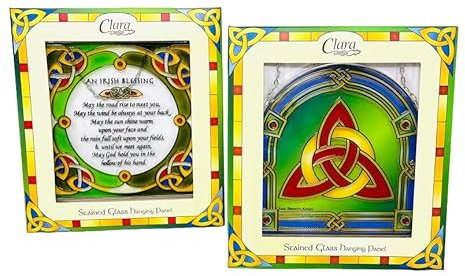 Royal Tara Buntglas-Set mit 2 Dreifaltigkeitsknoten, zum Aufhängen, irischer Segen, quadratischer Sonnenfänger, Schild, handgefertigt, Kleeblatt, Dekoration, Geburtstagsgeschenk, Einweihungsgeschenk