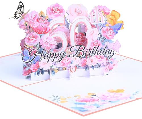 ENLACE Geburtstagskarte 60, 3D Blume Pop Up Karte Geburtstag Grußkarte, Geburtstagskarten mit Umschlag und Notizkarte, Geburtstagsgeschenk für Frauen Mütter Mädchen Männer Freunde