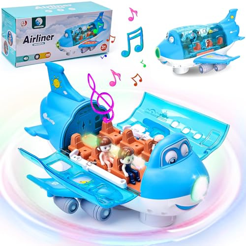 LEEWENYAN Elektrisches Flugzeug Spielzeug für Kleinkinder, 360 ° rotierendes Flugzeug Spielzeug mit LED Light & Music, Flugzeug Lernspielzeug Set Geschenk für Junge Mädchen Kinder (Blau)