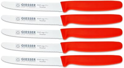 Giesser Messer Tomatenmesser Brötchenmesser Tafelmesser 11cm mit Wellenschliff 3mm - 5er Set (Rot)