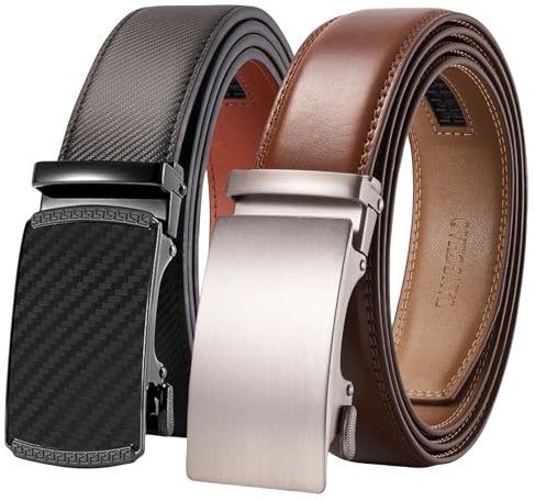 TANGCHAO 2 Stücke Gürtel Herren,Ledergürtel Ratsche Automatikschließe für Herren Business Anzug Jeans, 35mm Gürtel,Größe Einstellbar 26Cognac+27Schwarz 125cm