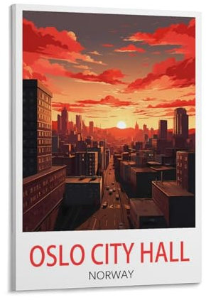 PuPLuM Oslo City Hall Vintage-Reiseposter, Querformat, 60 x 90 cm, Leinwand, Wandkunst, Poster für Wohnzimmer, Dekoration, Gemälde für Heimdekoration
