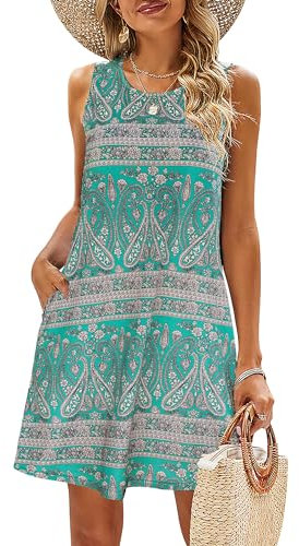 BDTECAOR Sommerkleider für Damen Ärmelloses T Shirt Kleid Trendiges Blumen Boho Kleid mit Taschen Grün,M